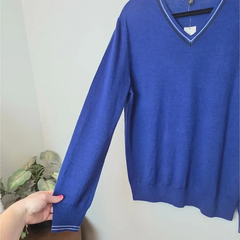🚨NEW BANANA REPUBLIC Blue Merino Wool Blend Slim Fit V Neck Sweater Size Large